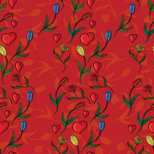Patrón Sin Costura Vector Flores Rosas Tulipanes Dispuestos Azar Con — Vector de stock
