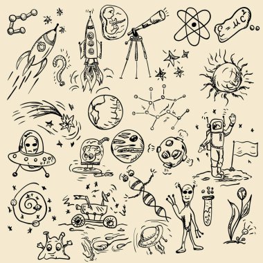 büyük vektör dağılım alanı, gezegenler, astronotlar, uzaylılar, roketler, Dna, teknik konulu çocuk çizimleri set uzay araştırmaları teknik anlamına gelir