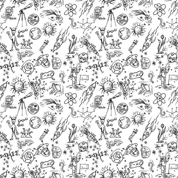 seamless pattern children vector contour drawings on the theme of space, planets, astronauts, the aliens, the technique of rockets, DNA, space exploration technical means background isolated