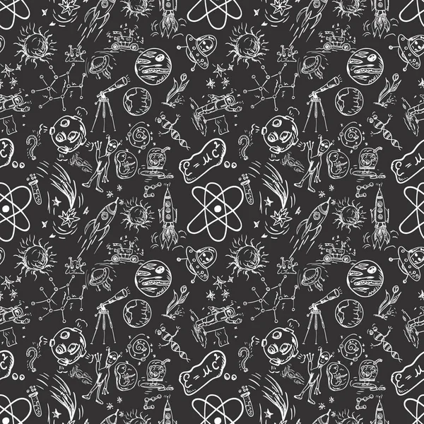 seamless pattern children vector contour drawings on the theme of space, planets, astronauts, the aliens, the technique of rockets, DNA, space exploration technical means background isolated