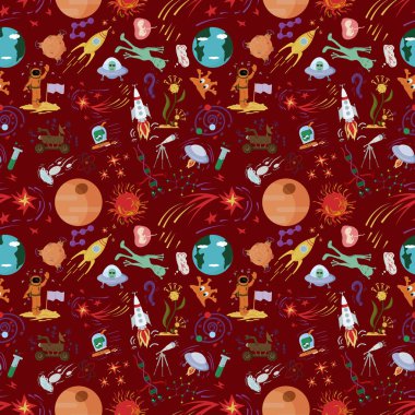 Dikişsiz desen çocuk vektör çizimler tarzında bir düz alan tema, gezegenler, kozmonot, uzaylılar, roketler, Dna, uzay araştırmaları teknik anlamına gelir.