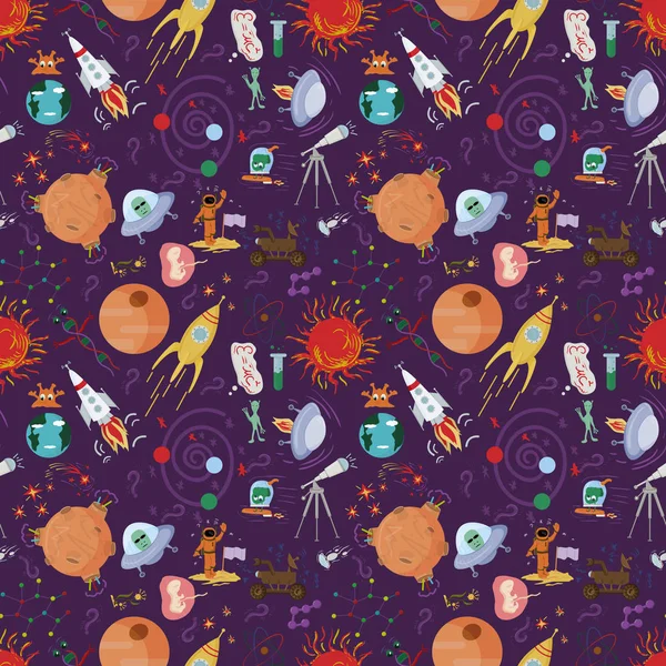 Dikişsiz desen çocuk vektör çizimler tarzında bir düz alan tema, gezegenler, kozmonot, uzaylılar, roketler, Dna, uzay araştırmaları teknik anlamına gelir.