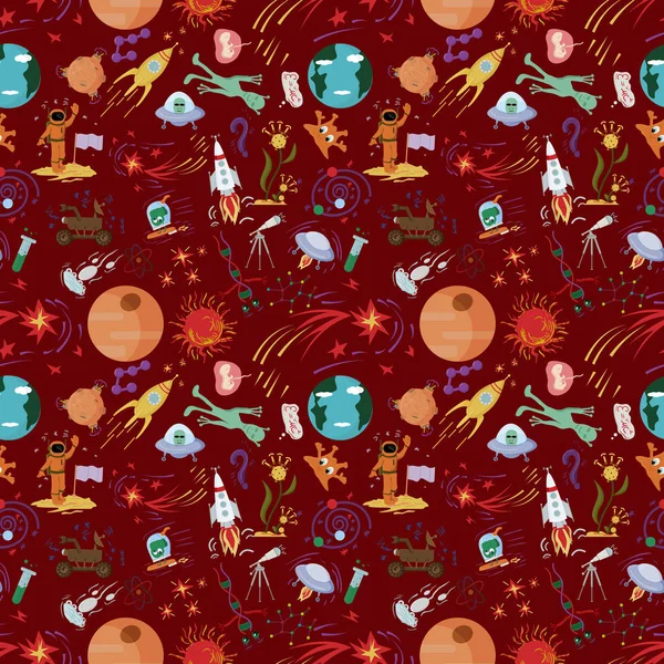 Dikişsiz desen çocuk vektör çizimler tarzında bir düz alan tema, gezegenler, kozmonot, uzaylılar, roketler, Dna, uzay araştırmaları teknik anlamına gelir.
