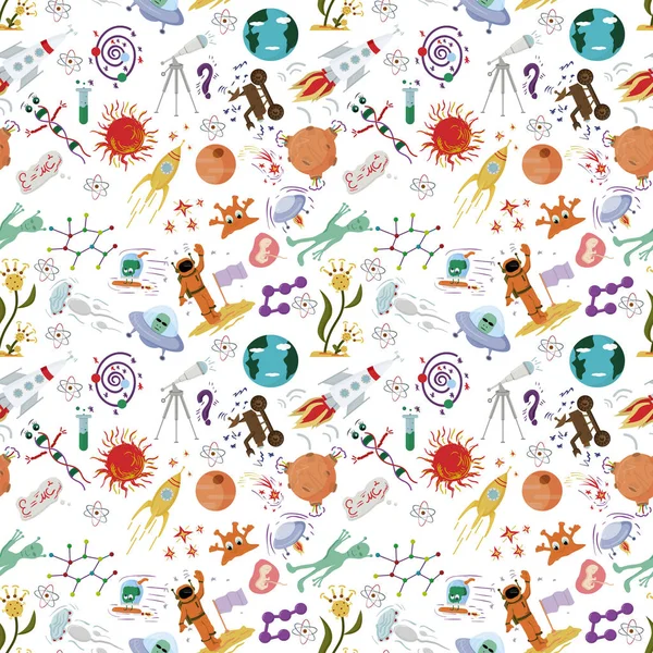 seamless pattern children vector drawings in the style of flat on the space theme, planets, cosmonauts, aliens, rockets, DNA, space exploration technical means