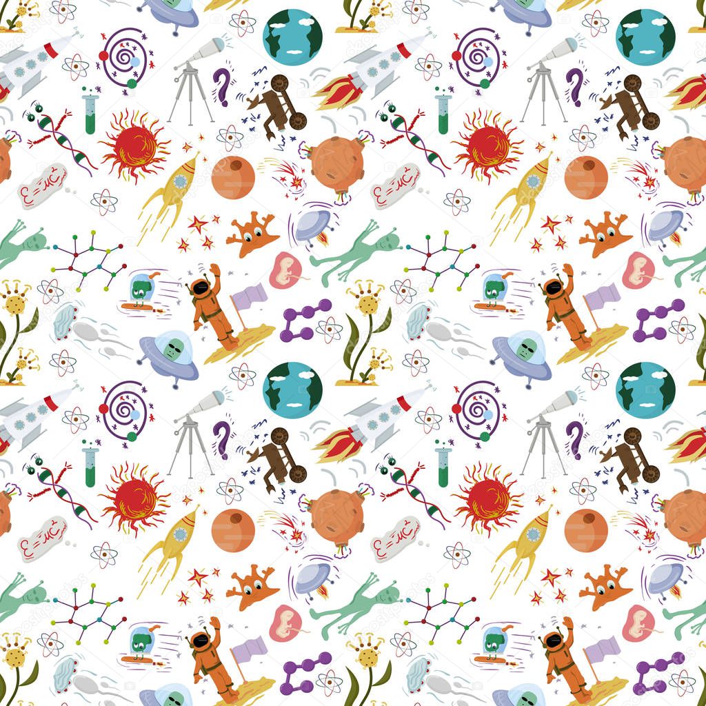 seamless pattern children vector drawings in the style of flat on the space theme, planets, cosmonauts, aliens, rockets, DNA, space exploration technical means