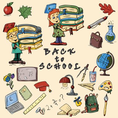 vektör rengi çizim bir çocuk okul, okul tasarımını bir küre, sırt çantası, cetvel, kitap, kalem öğeleri, hazır-to-baskı düzenleri, oğlum konularda ve kız, arka plan, izole