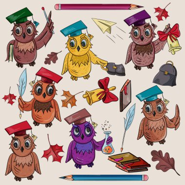 vektör, çocuk resim okul tema, derslerde öğrenme, kitaplar Tüp, ders kitapları, akçaağaç yaprakları için evrak çantası için çeşitli tutan kuş baykuş