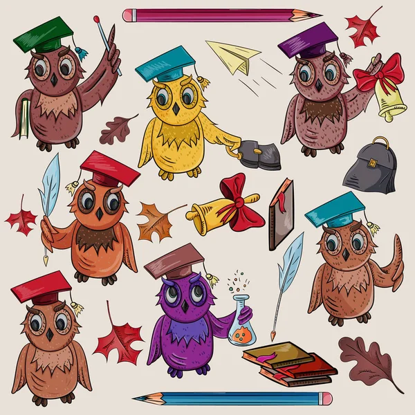 Vector Ilustración Los Niños Sobre Tema Escuela Búho Pájaro Celebración — Vector de stock