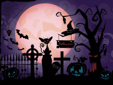 vektör kabaklar ve yarasalar ve sis mezarlıkta eski ağaç çizimi gece zaman ay Festivali Ekim, Cadılar Bayramı