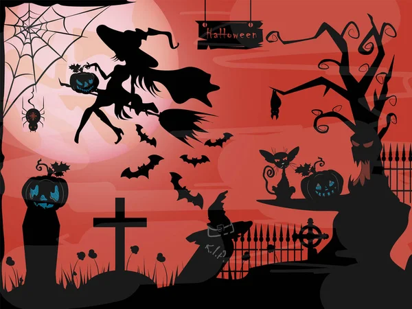 Ilustração Vetorial Abóboras Árvore Velha Com Morcegos Cemitério Nevoeiro Noite —  Vetores de Stock