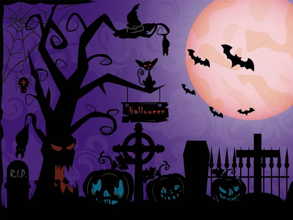 南瓜和老树的向量例证与蝙蝠和一个墓地在雾中的夜晚当月亮节在 10月 万圣节 — 图库矢量图片
