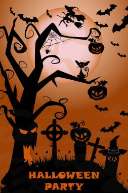 vektör çizim kabaklar ve yarasalar ve sis mezarlıkta geceleri zaman ay Festivali Ekim, Cadılar Bayramı