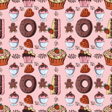 tatlı hamur işleri, cupcake kek, zencefilli kurabiye adam, izole arka plan Dikişsiz desen vektör çizim