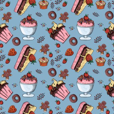 tatlı hamur işleri, cupcake kek, zencefilli kurabiye adam, izole arka plan Dikişsiz desen vektör çizim