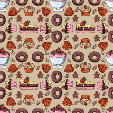 tatlı hamur işleri, cupcake kek, zencefilli kurabiye adam, izole arka plan Dikişsiz desen vektör çizim