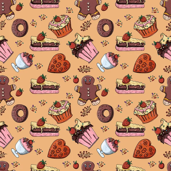 Vector Illustration Seamless Pattern Sweet Pastries Cupcake Cakes Gingerbread Man — Stock Vector