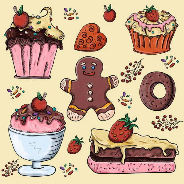 Vector Illustration Sweet Pastries Cupcake Cakes Gingerbread Man Strawberry Cherry — Stock Vector