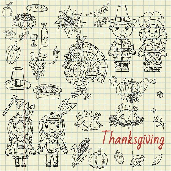 Vector Illustration Style Childrens Thanksgiving Drawing Doodle Design Decoration Children — Stock Vector