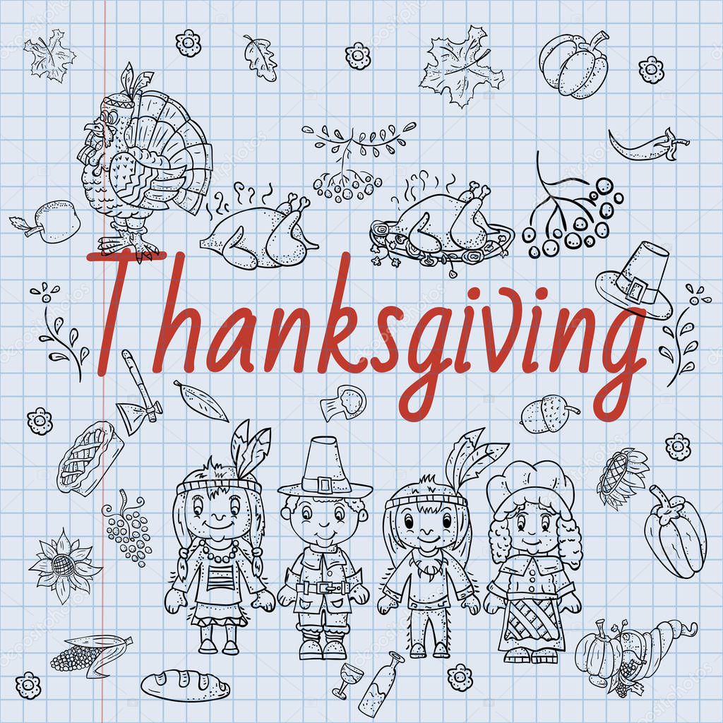 vector illustration in the style of childrens thanksgiving drawing, Doodle for design and decoration children and holiday symbols national event