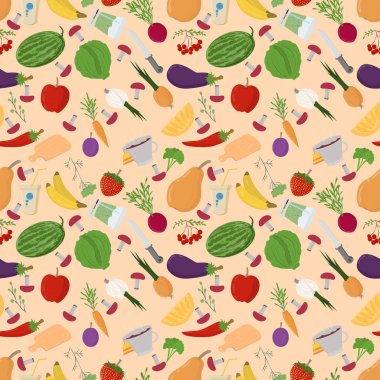Dikişsiz desen illüstrasyon izole sağlıklı yeme vejetaryen yemek arka için düz stil sebze ve meyve çilek vektör