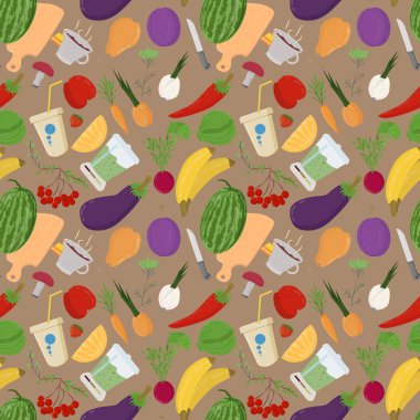 Dikişsiz desen illüstrasyon izole sağlıklı yeme vejetaryen yemek arka için düz stil sebze ve meyve çilek vektör