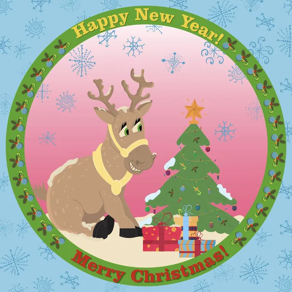 Ilustración Vectorial Ciervo Navidad Sentado Entre Regalos Junto Árbol Navidad — Archivo Imágenes Vectoriales