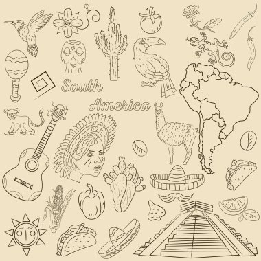 vektör kontur çizim boyama Güney Amerika, hayvanlar, insanlar, binalar, bitkiler, tatil, arka plan olmadan kıta harita üzerinde