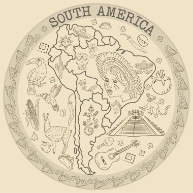 çizim vektör kontur boyama Güney Amerika, hayvanlar, insanlar, binalar,, tatiller, kıta harita, arka plan olmadan dairesel süsleme bitkiler