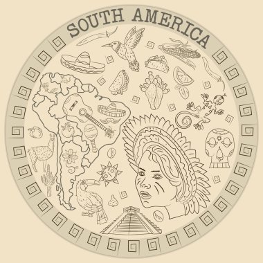 çizim vektör kontur boyama Güney Amerika, hayvanlar, insanlar, binalar,, tatiller, kıta harita, arka plan olmadan dairesel süsleme bitkiler