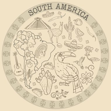 çizim vektör kontur boyama Güney Amerika, hayvanlar, insanlar, binalar,, tatiller, kıta harita, arka plan olmadan dairesel süsleme bitkiler