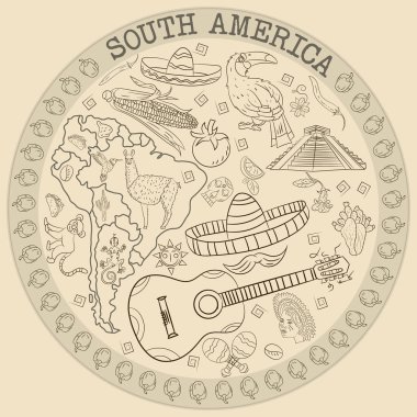 çizim vektör kontur boyama Güney Amerika, hayvanlar, insanlar, binalar,, tatiller, kıta harita, arka plan olmadan dairesel süsleme bitkiler