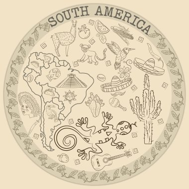 çizim vektör kontur boyama Güney Amerika, hayvanlar, insanlar, binalar,, tatiller, kıta harita, arka plan olmadan dairesel süsleme bitkiler