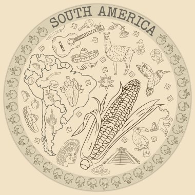 çizim vektör kontur boyama Güney Amerika, hayvanlar, insanlar, binalar,, tatiller, kıta harita, arka plan olmadan dairesel süsleme bitkiler
