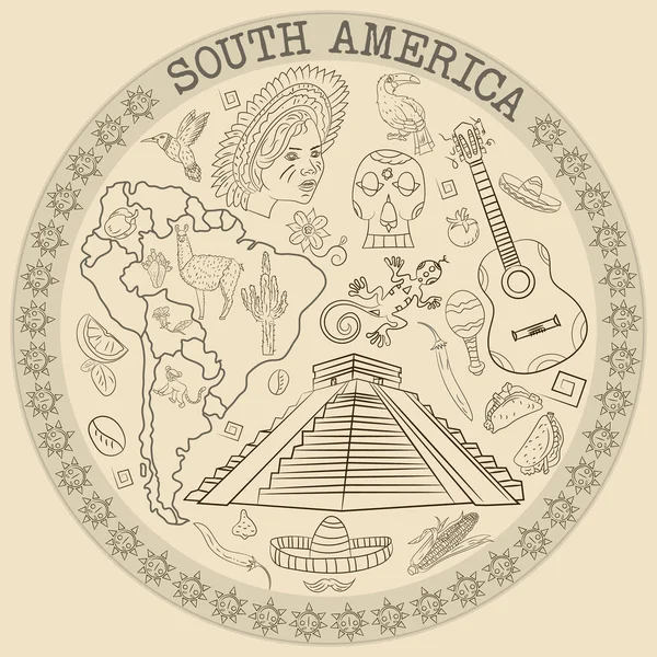 çizim vektör kontur boyama Güney Amerika, hayvanlar, insanlar, binalar,, tatiller, kıta harita, arka plan olmadan dairesel süsleme bitkiler