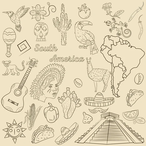 vektör kontur çizim boyama Güney Amerika, hayvanlar, insanlar, binalar, bitkiler, tatil, arka plan olmadan kıta harita üzerinde