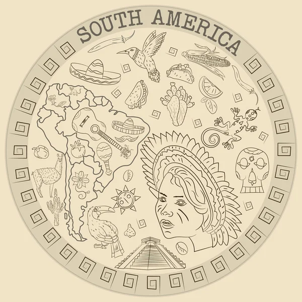 çizim vektör kontur boyama Güney Amerika, hayvanlar, insanlar, binalar,, tatiller, kıta harita, arka plan olmadan dairesel süsleme bitkiler