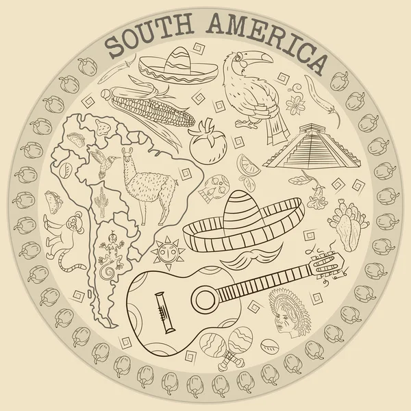 çizim vektör kontur boyama Güney Amerika, hayvanlar, insanlar, binalar,, tatiller, kıta harita, arka plan olmadan dairesel süsleme bitkiler