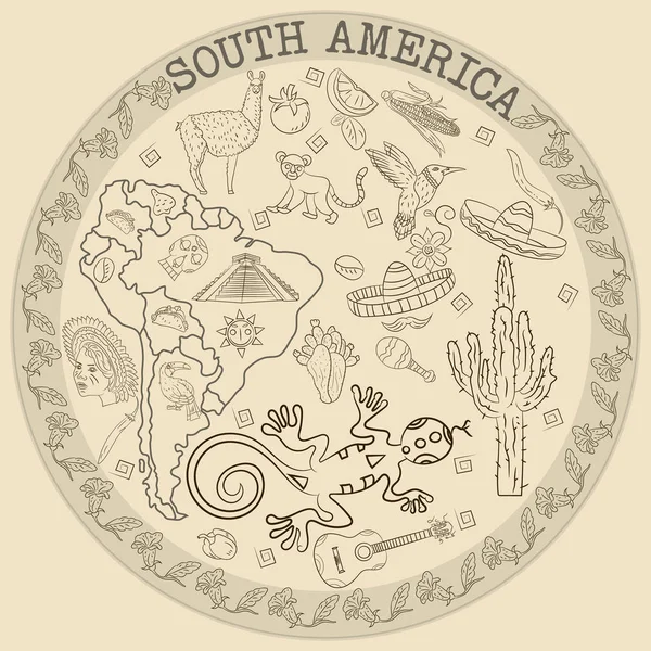 çizim vektör kontur boyama Güney Amerika, hayvanlar, insanlar, binalar,, tatiller, kıta harita, arka plan olmadan dairesel süsleme bitkiler