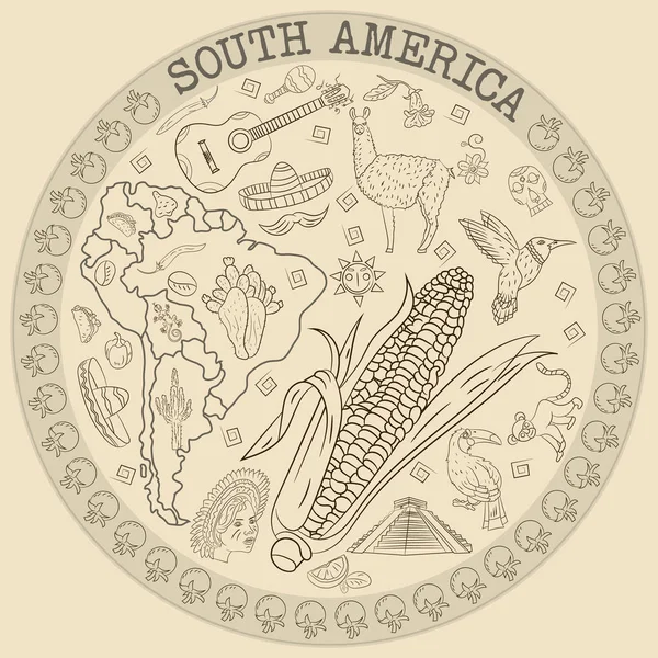 çizim vektör kontur boyama Güney Amerika, hayvanlar, insanlar, binalar,, tatiller, kıta harita, arka plan olmadan dairesel süsleme bitkiler