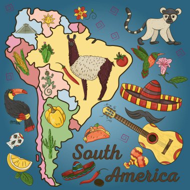 Güney Amerika tema, hayvanlar, binalar, bitkiler, tatil, kıta harita, gıda tasarım öğeleri ayrı katmanlardaki tüm resimler çizim vektör renk
