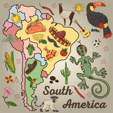Güney Amerika tema, hayvanlar, binalar, bitkiler, tatil, kıta harita, gıda tasarım öğeleri ayrı katmanlardaki tüm resimler çizim vektör renk