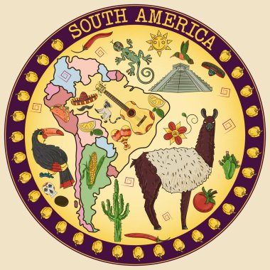 Güney Amerika tema, hayvanlar, binalar, bitkiler, tatil, kıta harita, gıda üzerinde çizim vektör renk tasarım öğeleri, etiket dairesel süsleme ayrı katmanlardaki tüm resimler