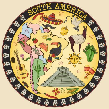 Güney Amerika tema, hayvanlar, binalar, bitkiler, tatil, kıta harita, gıda üzerinde çizim vektör renk tasarım öğeleri, etiket dairesel süsleme ayrı katmanlardaki tüm resimler