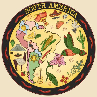 Güney Amerika tema, hayvanlar, binalar, bitkiler, tatil, kıta harita, gıda üzerinde çizim vektör renk tasarım öğeleri, etiket dairesel süsleme ayrı katmanlardaki tüm resimler