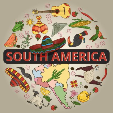 Güney Amerika tema, hayvanlar, binalar, bitkiler, tatil, kıta harita, gıda üzerinde çizim vektör renk tasarım öğeleri, etiket dairesel süsleme ayrı katmanlardaki tüm resimler