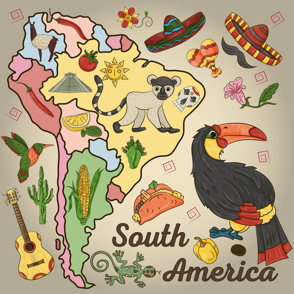 vector color drawing on South America theme, animals, buildings, plants, holidays, continent map, food design elements all illustrations on separate layers