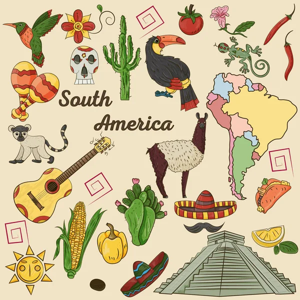 Güney Amerika tema, hayvanlar, binalar, bitkiler, tatil, kıta harita, gıda tasarım öğeleri ayrı katmanlardaki tüm resimler çizim vektör renk