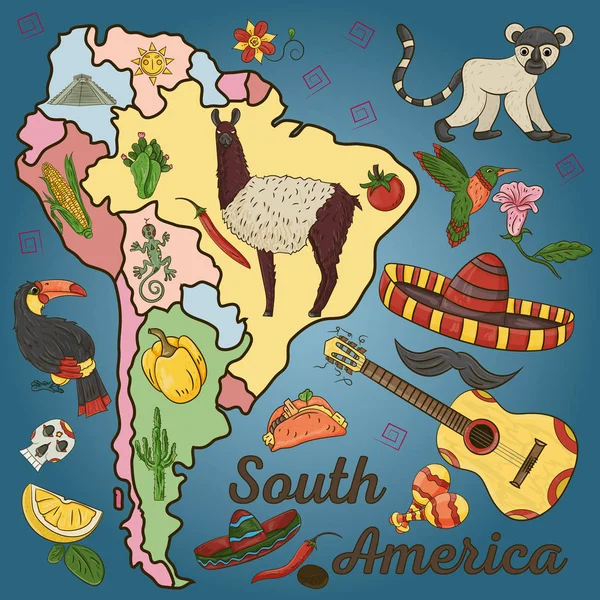 Güney Amerika tema, hayvanlar, binalar, bitkiler, tatil, kıta harita, gıda tasarım öğeleri ayrı katmanlardaki tüm resimler çizim vektör renk