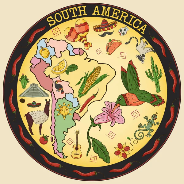 Güney Amerika tema, hayvanlar, binalar, bitkiler, tatil, kıta harita, gıda üzerinde çizim vektör renk tasarım öğeleri, etiket dairesel süsleme ayrı katmanlardaki tüm resimler