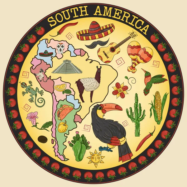 Güney Amerika tema, hayvanlar, binalar, bitkiler, tatil, kıta harita, gıda üzerinde çizim vektör renk tasarım öğeleri, etiket dairesel süsleme ayrı katmanlardaki tüm resimler